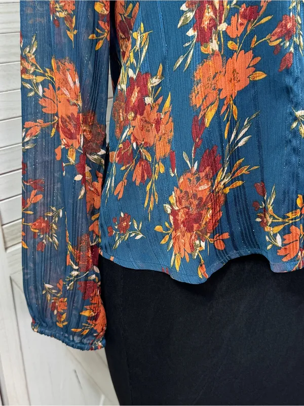 Frye Floral Metallic Jacquard Sheer Blouse Teal Blue Burnt Orange Large Boho - Image 6