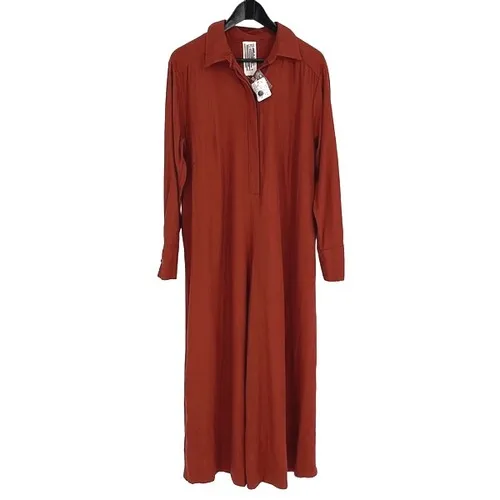 Free People Jumpsuit Womens XS Rust Orange Boho Wide Leg Linen Blend Long Sleeve - Image 2