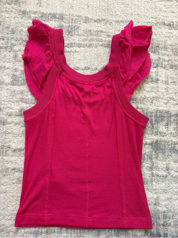 Anthropologie Hot Pink Ruffled Sleeve Ribbed Tank - Image 2
