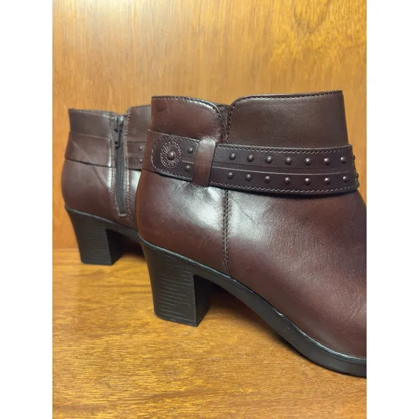 Clarks Dark Brown Leather Ankle Boots Studded Strap Side Zip Size 9 - Image 7