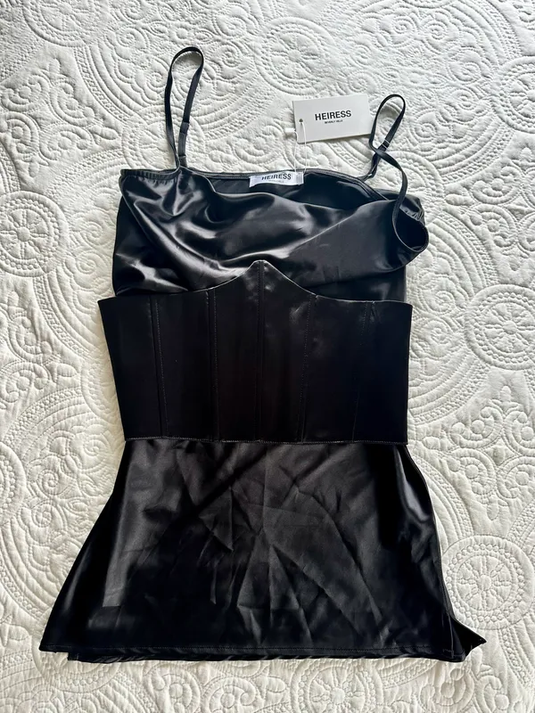 Heiress Beverly Hills Black Corset Satin Slip Dress in Black - Image 3
