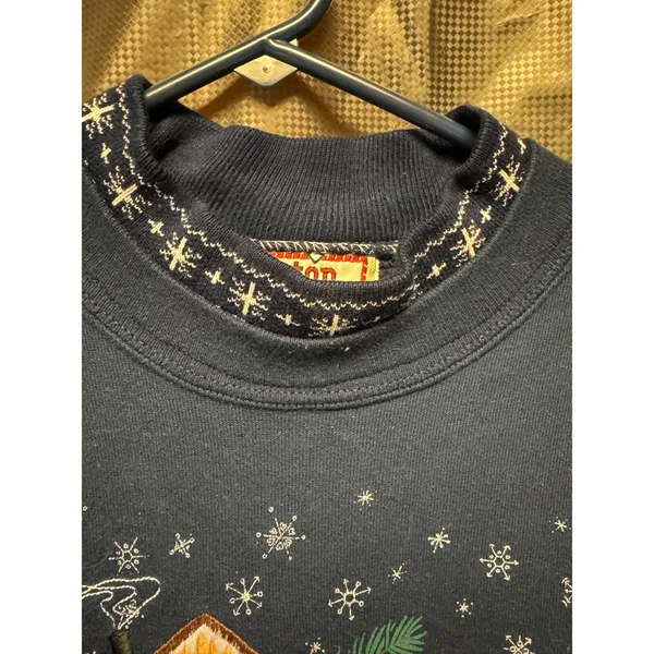 VTG Top Stitch 90s Blue Snow Birdhouse Sweatshirt Large Double Collar USA Made - Image 5