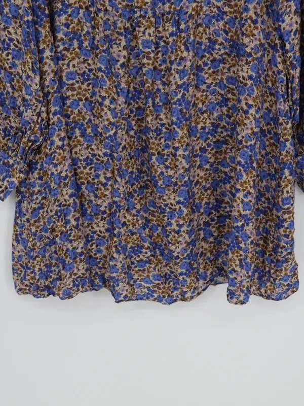 Sézane Bohemia Dress Women’s FR 44 US 12 Blue Floral Silk Blend Mini Cottagecore - Image 6