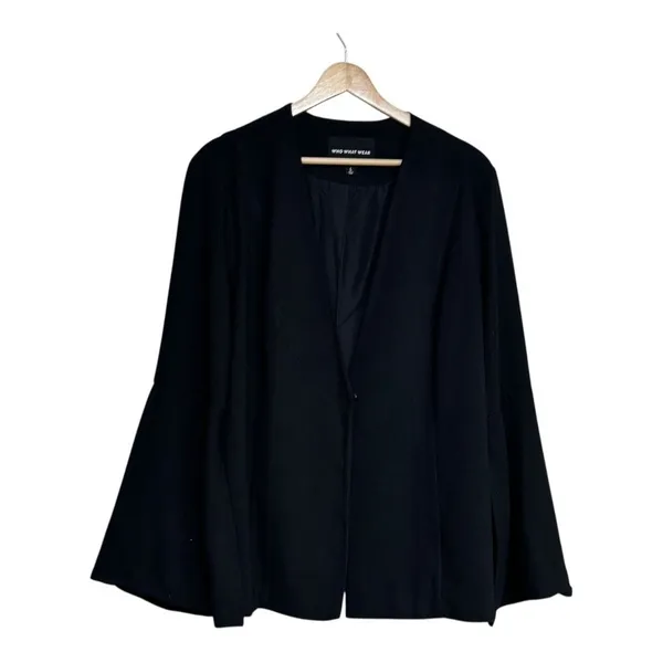 WHO WHAT WEAR Black Bell Sleeve Kimono Style Open‎ Front Blazer Jacket Women's L - Image 2