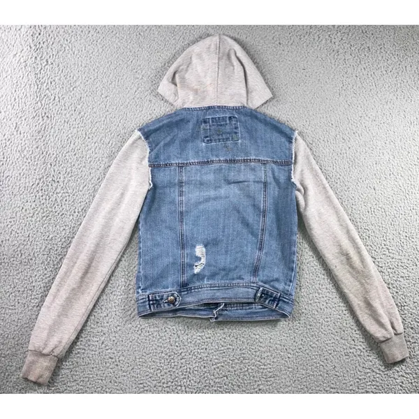 Mixed Media Denim Jacket Women S Blue Distressed Hooded Grunge Punk‎ y2k Stained - Image 3