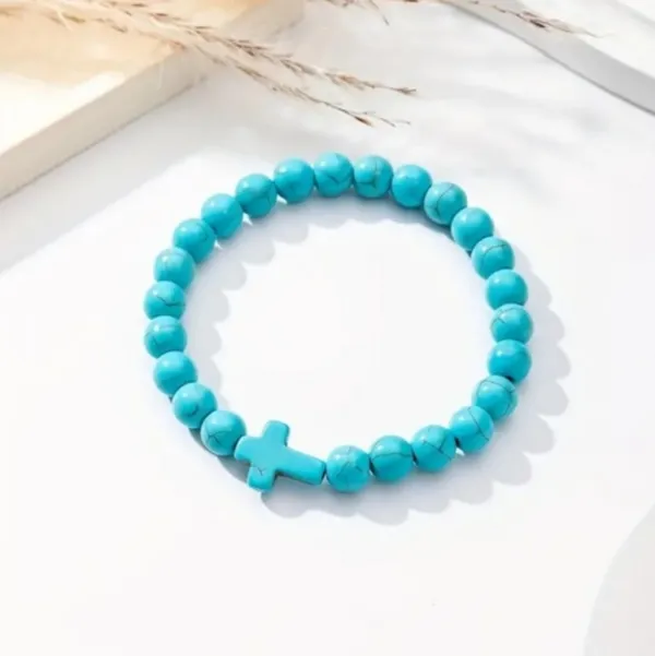 Lovely Faith Vintage-Inspired Turquoise‎ Beaded Bracelet with Cross Pendant - Image 9