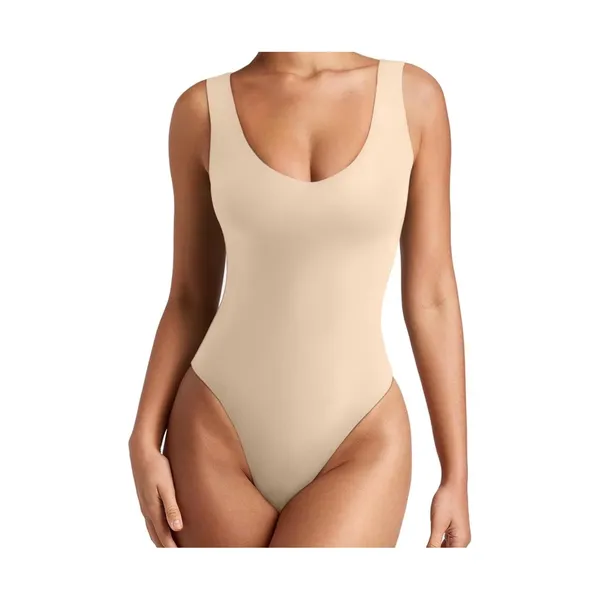 NWT REORIA Womens Beige Bodysuit Deep V Neck‎ Sleeveless Double Lined Large - Image 2