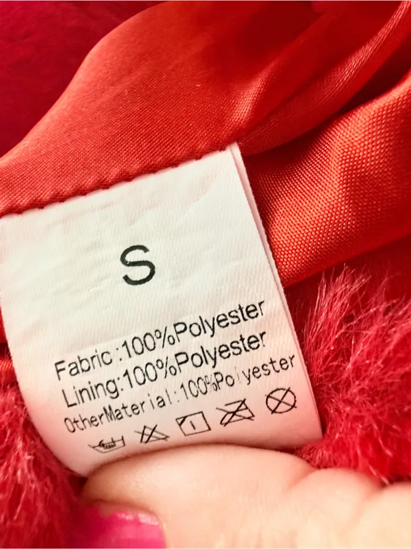 Red fluffy faux fur red long sleeve hooded cropped jacket coat small - Image 5