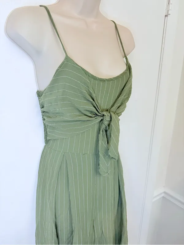 Flying Tomato Wide Leg Pinstripe Tie Front Keyhole Back Strap Jumpsuit Green S - Image 6