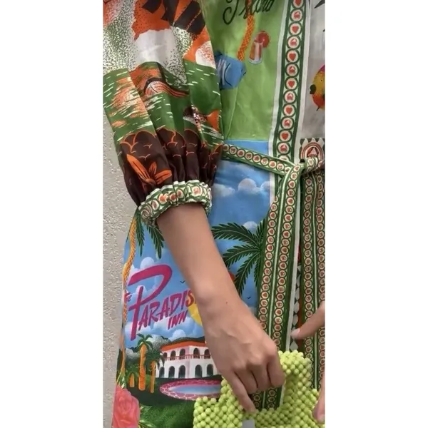 Tropical Patchwork Mini Dress XL Resort Print Designer Inspired Puff Sleeve - Image 3