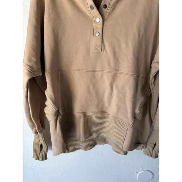 Bucket List Hoodie Womens Small Tan Pullover‎ Snap Neck Ribbed Hem Thumbholes - Image 3