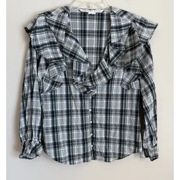 Veronica Beard Plaid Ruffle Blouse Womens 6 Butto Down - Image 2
