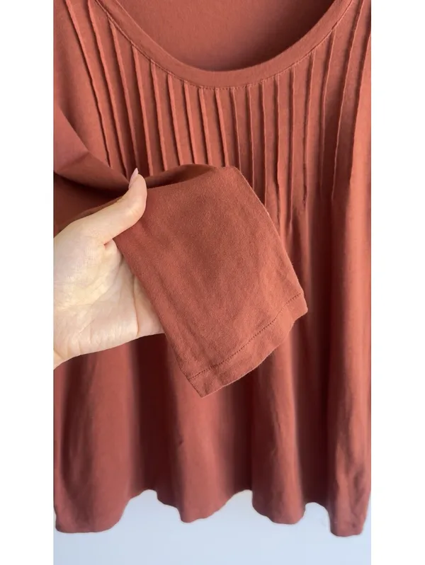 J Crew Pleated Scoop Neck 3/4 Sleeve Top Brown Rust Cotton Medium M - Image 3