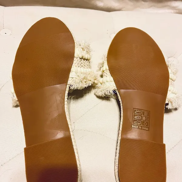 Fringe Straw Boho Sandals Open Toe Slides White Size 6 - Image 8