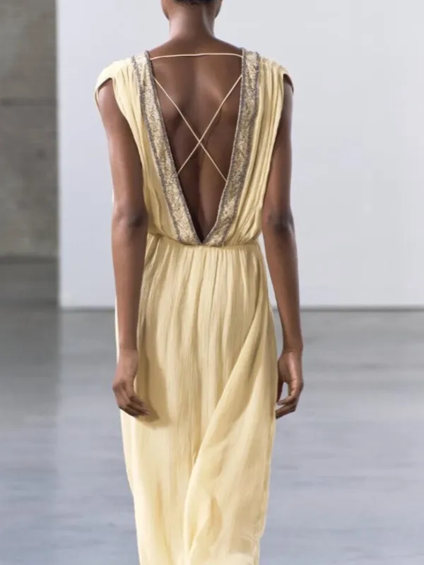 Zara NWT embellished beaded trim light yellow Sleeveless Maxi Dress - Image 3
