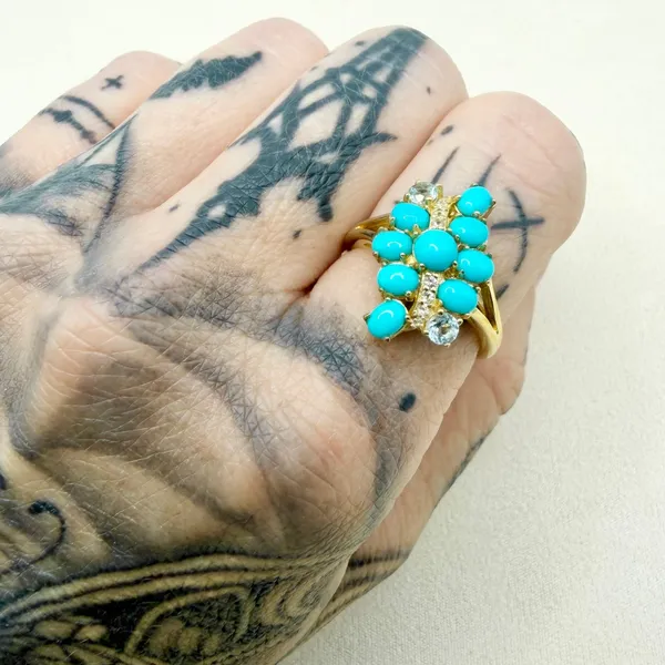 Sleeping Beauty Turquoise White Sky Blue Topaz 18k Yellow Gold Over Silver Ring - Image 4