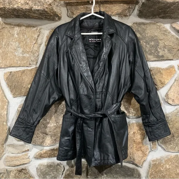 Wilson's Leather Vintage Black Leather Jacket w/ Leather Tie Belt - Image 3