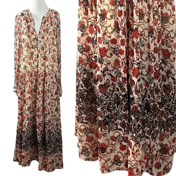 Free People Bohemian Billowy Floral See It Through Maxi Dress Tea Combo Large - Image 7