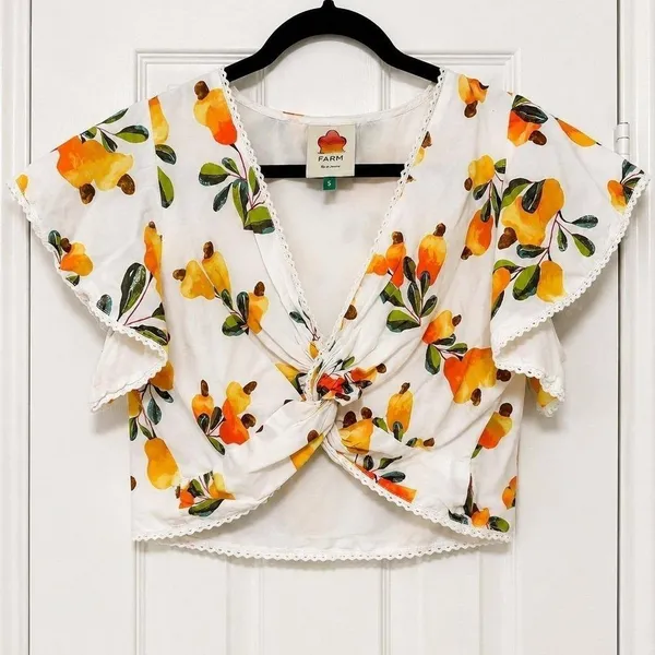 FARM Rio Cashew Fruit Print Twist Front Crop Top Flutter Sleeve Lace Trim Size S - Image 2
