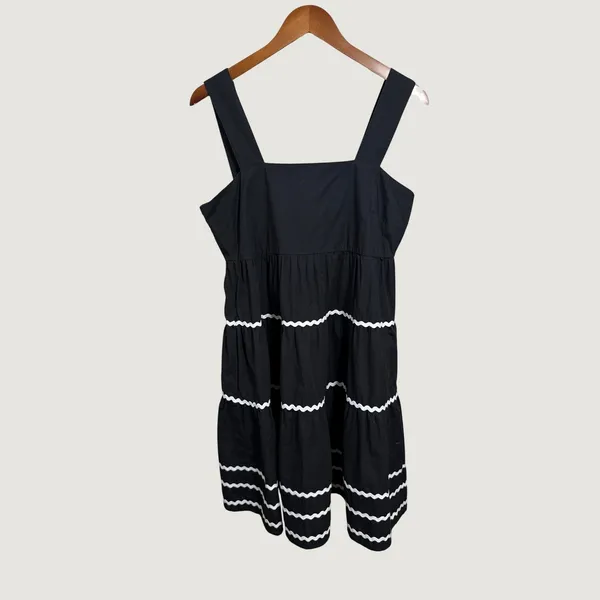 Nicoles Closet Black Cotton Ric Rac Tiered Midi Dress Smocked Back Pockets M - Image 6