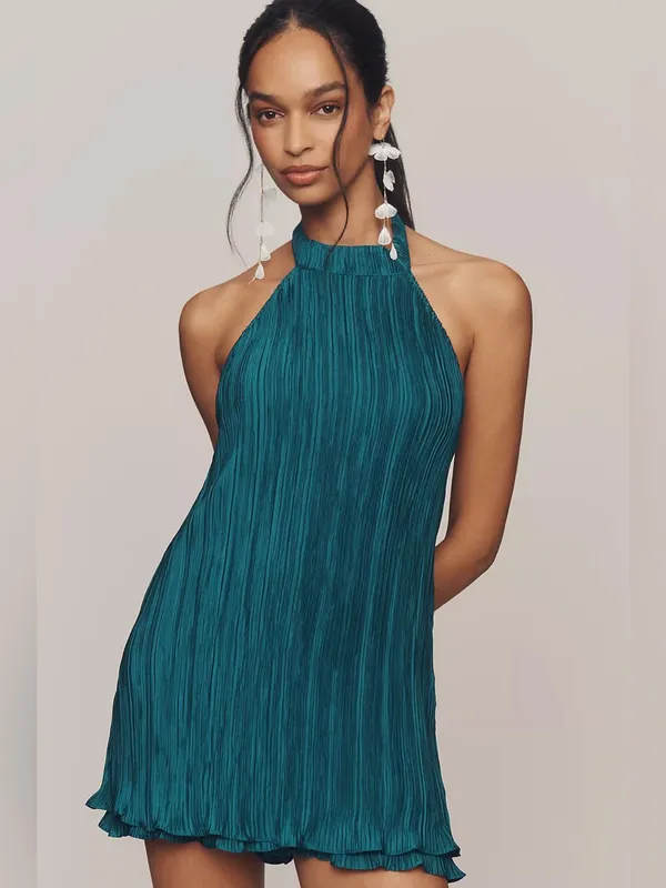 Anthropologie Teal Halter Plissé Playsuit Romper‎ Size 6 - Image 7