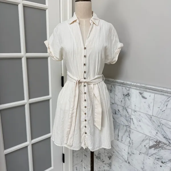 Zara Linen Blend Belted Shirt Robe Dress Pockets Johnny Collar XS - Image 2