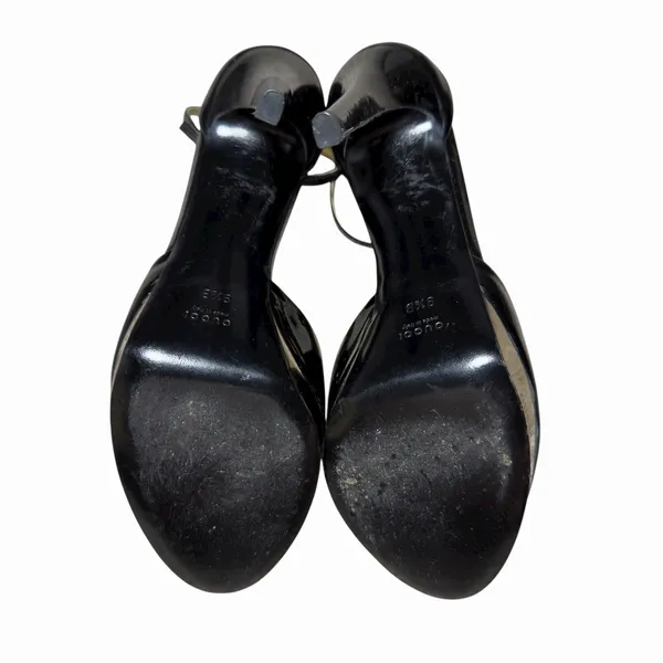 Gucci Black Patent Leather Gold‎ Platform Peep Toe Heels 9.5B Made in Italy - Image 11