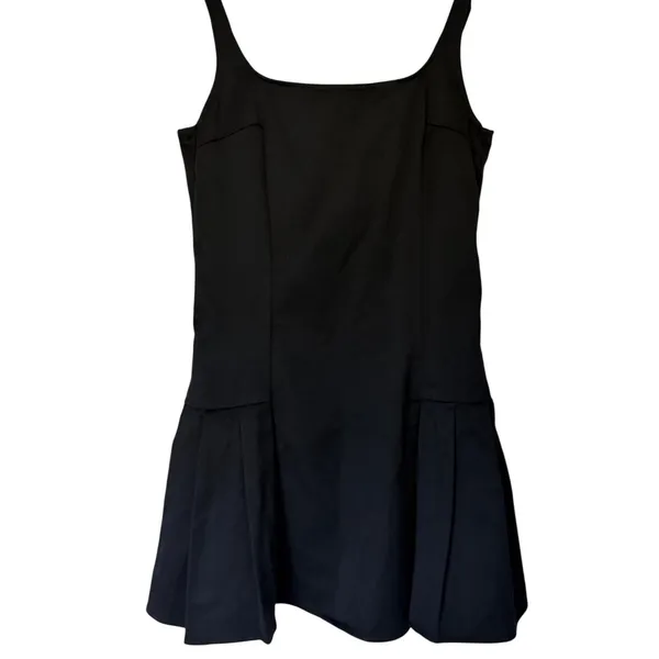 AQUA Black Square Neck Pleated Drop Waist Mini Dress Sleeveless Size Medium NEW - Image 2