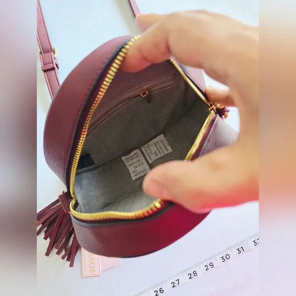 Stylish Round Crossbody Bag in Deep Burgundy Braided Detailing‎ - Image 7