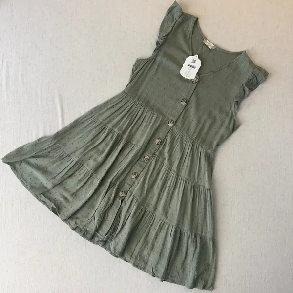 Altar'd State Light Olive‎ Swiss Dot Button Front Mini Dress Boho M nwt - Image 3