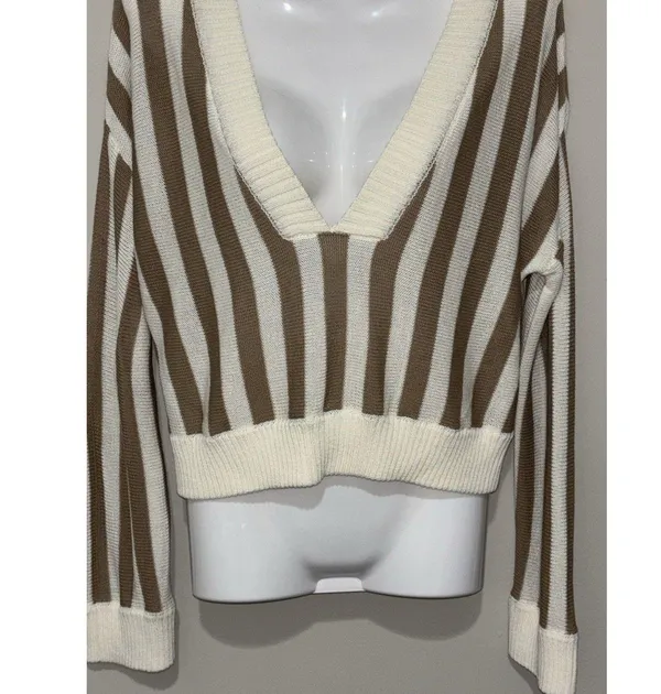 Honey Belle Sweater Womens Med Crop Top Tight Knit Brown & Ivory - Image 10