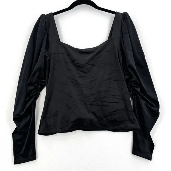 Express Black Velvet Ruched Puff Sleeve Top M NWT Square Neck Romantic Festival - Image 2
