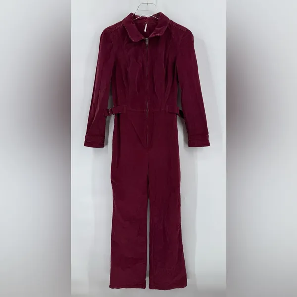 Free People Take Me‎ Out Purple Corduroy Sexy One Piece Jumpsuit 4 Burgundy Wine - Image 3