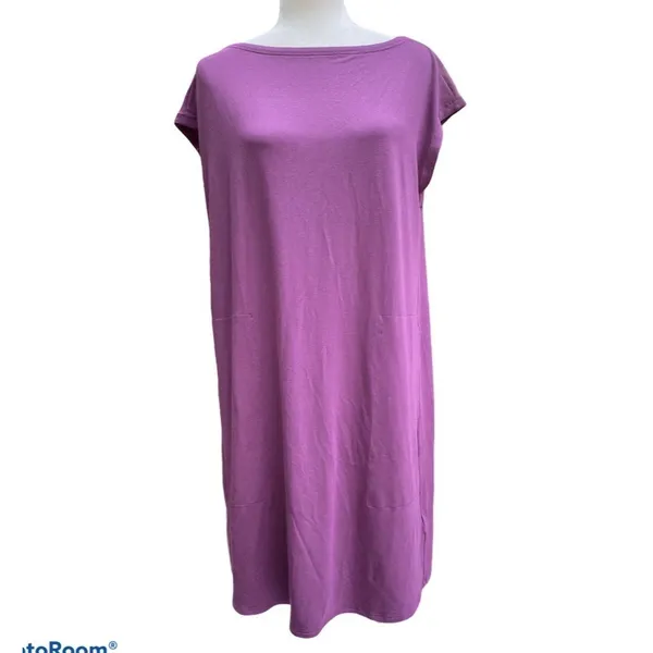 Eileen Fisher Twist Back Bateau Neck Purple Jersey Tunic Shift Midi Dress Sz M - Image 7