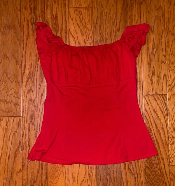 Red Retro Vintage 50s Shirt Short Sleeve Cotton Low Neck - Image 3