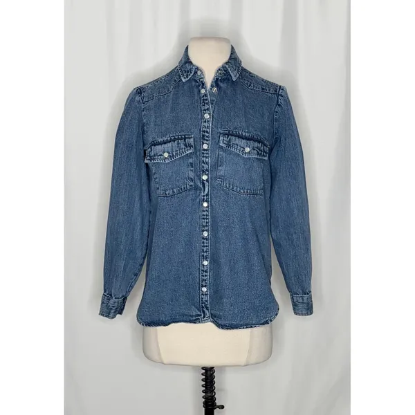 Anthropologie PILCRO Dannie Classic Denim Shirt Western Snap Puff Sleeve XXS - Image 2