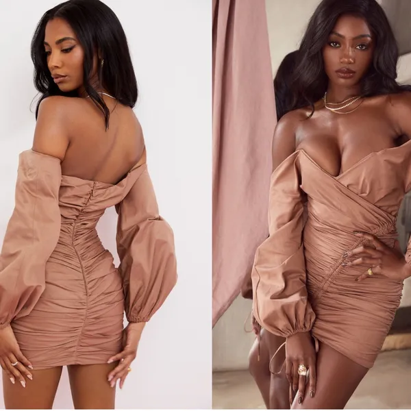 HOUSE OF CB 'Indra' Mocha Off‎ The Shoulder Wrap Mini Dress NWOT Size S - Image 2
