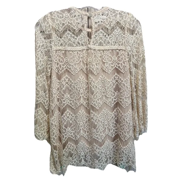 Vintage Ivory Crochet Lace Blouse Keyhole Neck‎ Lined Size S Bell Sleeves - Image 5