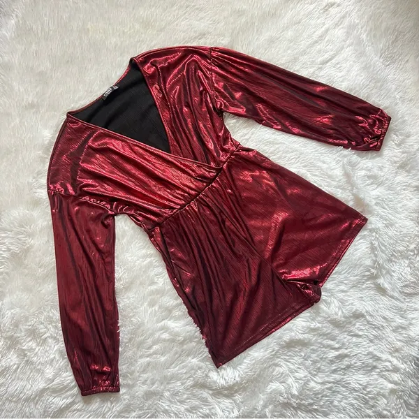 YOINS Metallic Long Sleeve Romper Dress Red Size M - Image 4