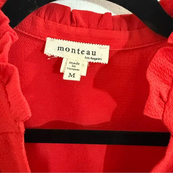 Monteau Red Short Sleeve Wrap Blouse with Mandarin Collar - Image 3