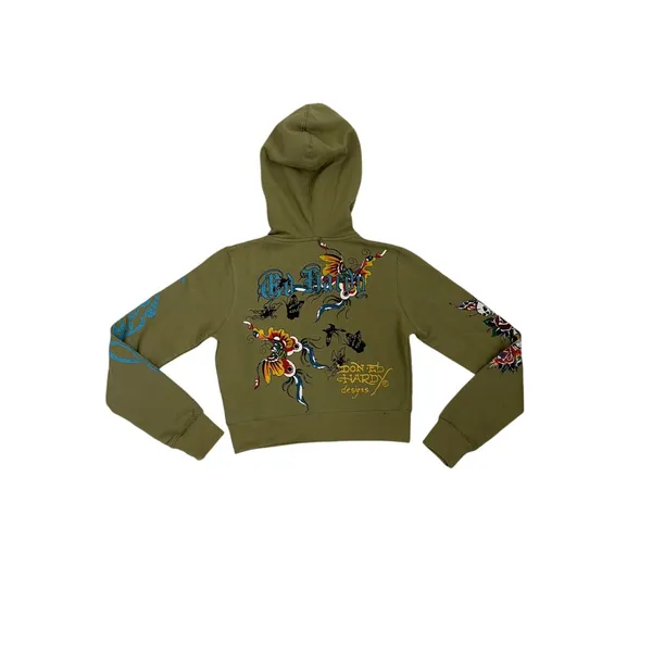 Ed Hardy Butterflies Y2K Olive Green Full Zip Cropped Hoodie Sweatshirt Medium - Image 2