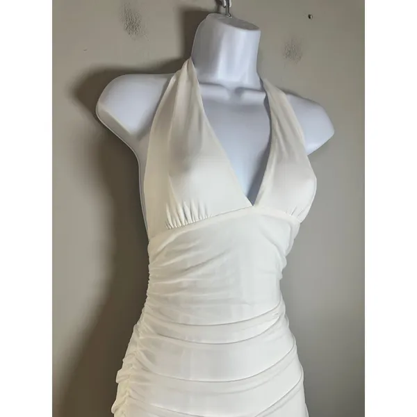 MIYIEONE Women White Ruched Halter Neck Mini Bodycon Dress Ruffle Hem Size S - Image 2