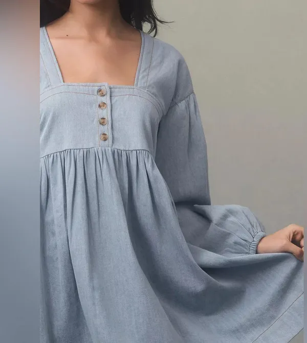 By Anthropologie Long-Sleeve Square-Neck Denim Mini Babydoll Dress Size M NWOT - Image 2