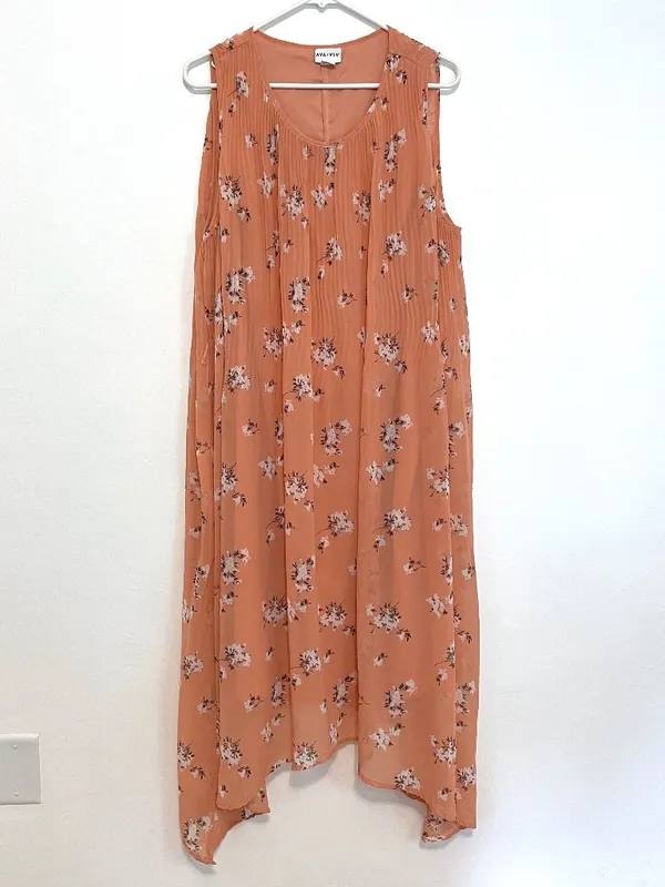 AVA & VIV Plus Size Floral Pleated Midi Dress Peach Pink Orange Hi-Lo 1X NO BELT - Image 2