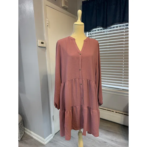 Nine West XL Dusty Rose Tiered Babydoll Tunic Dress Boho Flowy Long Sleeve - Image 3