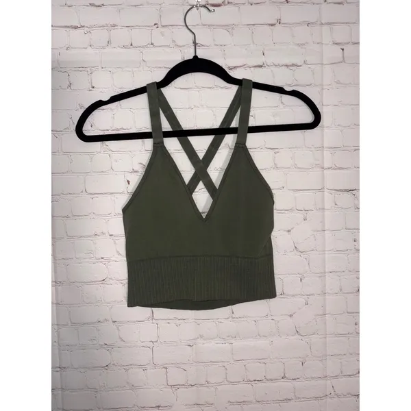 Free People Movement Good Karma Crop Top Army Green‎ XS/S V-Neck Ribbed Seamless - Image 2