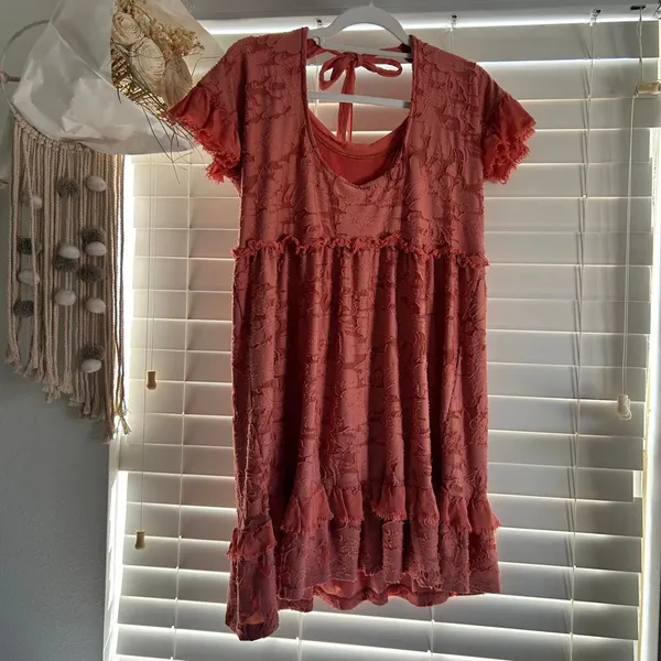 Anthropologie babydoll Pink Textured Floral Mini Dress Coquette Romantic XS - Image 2