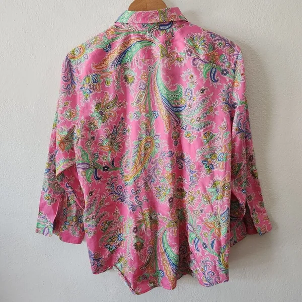 Lauren Ralph Lauren Cotton Pink Paisley Button-Down Blouse Barbie Core XL - Image 2