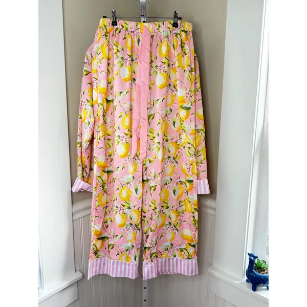 Pink Lemon Print Pajama Set Button Down Long Sleeve Pants Small - Image 2