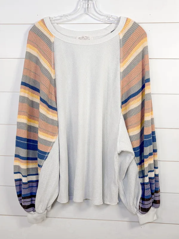 Free People Rainbow Dreams Balloon Sleeve Thermal Knit Blouse, EUC, Medium - Image 6